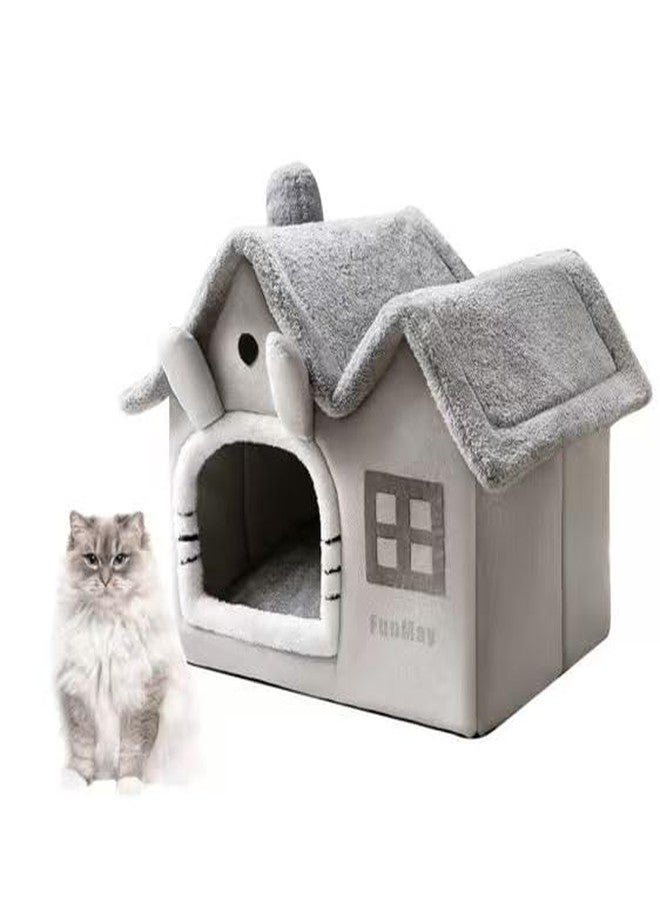 FunMay Luxury Foldable Rabbit-Ear Cat House & Dog Bed – Indoor Double Roof Condo with 30D Memory Foam, Removable Washable Cushion, Non-Slip Base, Cozy Pet Tent for Small Dogs & Cats, Gray (Large) - Image 1